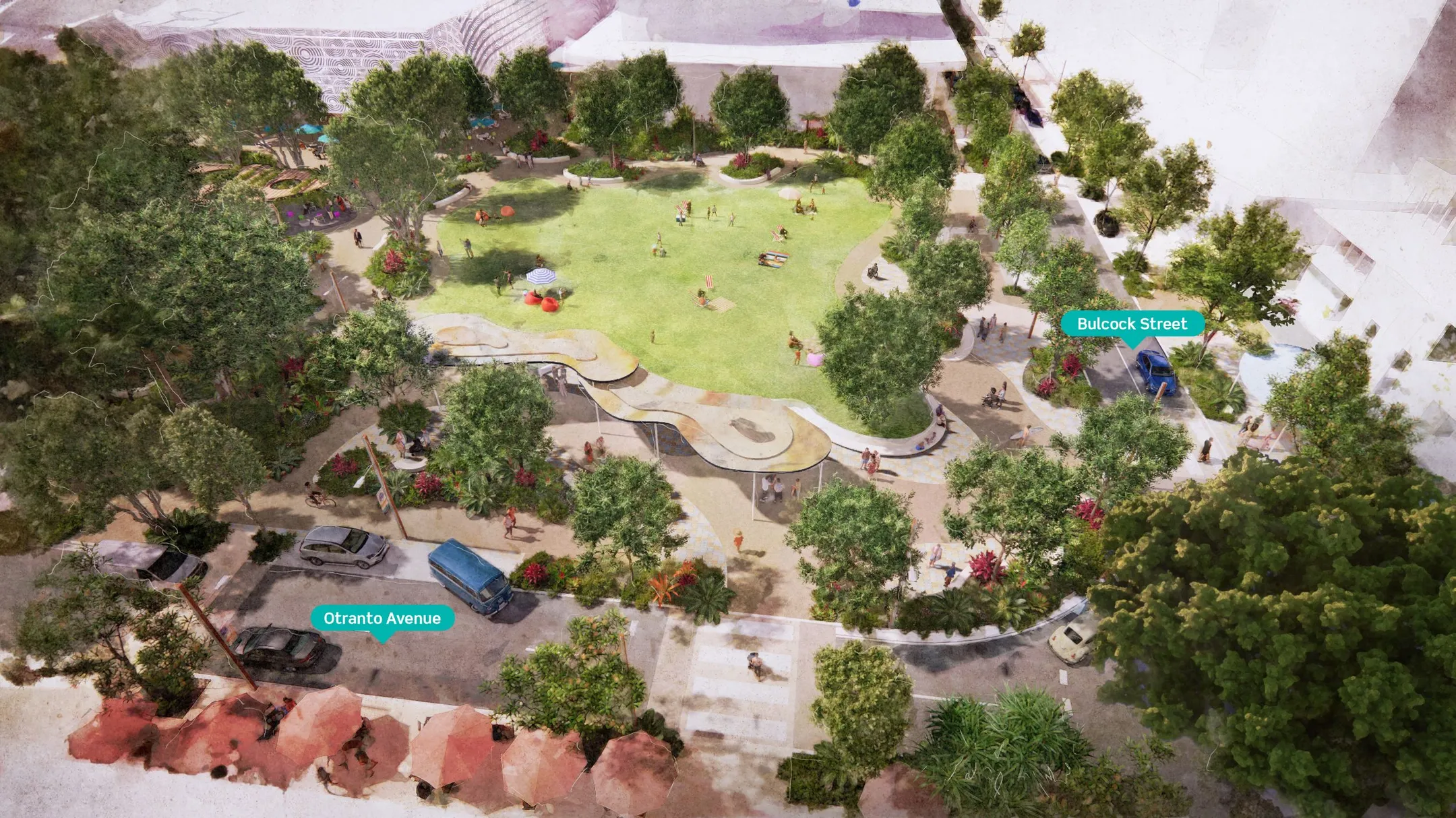 A drawing of a landscaped park with a road going around